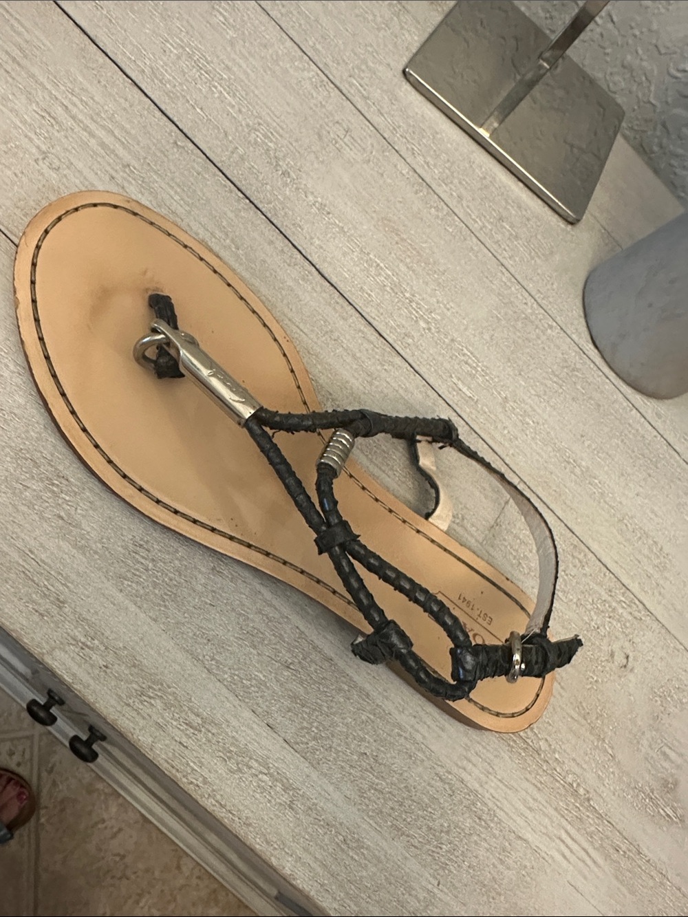 Coach Black Braided Leather T-Strap Sandal with Tan Footbed 8.5M